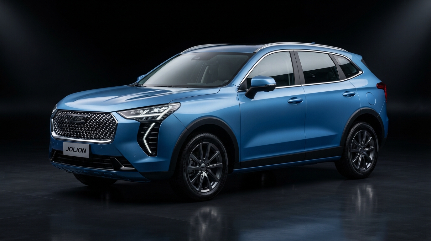 Haval Jolion Crossover 1.5T DCT 2024, вид спереди сбоку, премиальный дизайн, экстерьер на городской улице.